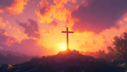 Fototapeta premium Crucifixion Of Jesus Christ - Cross At Sunset