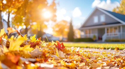 Pile of autumn leaves in front of a house on a sunny day.