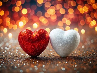 Sparkling Red & White Valentine Hearts with Bokeh Background - Copy Space