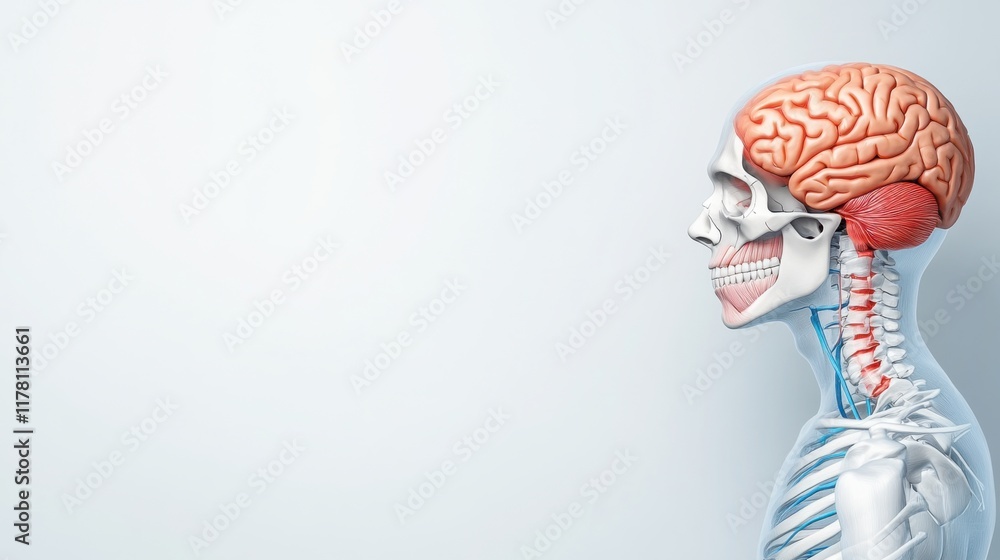 Poster anatomical model of human skull and brain with side view structure and detail representation