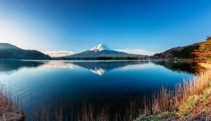 tranquil lake reflections with mount fuji under a clear blue sky in japan s serene landscape