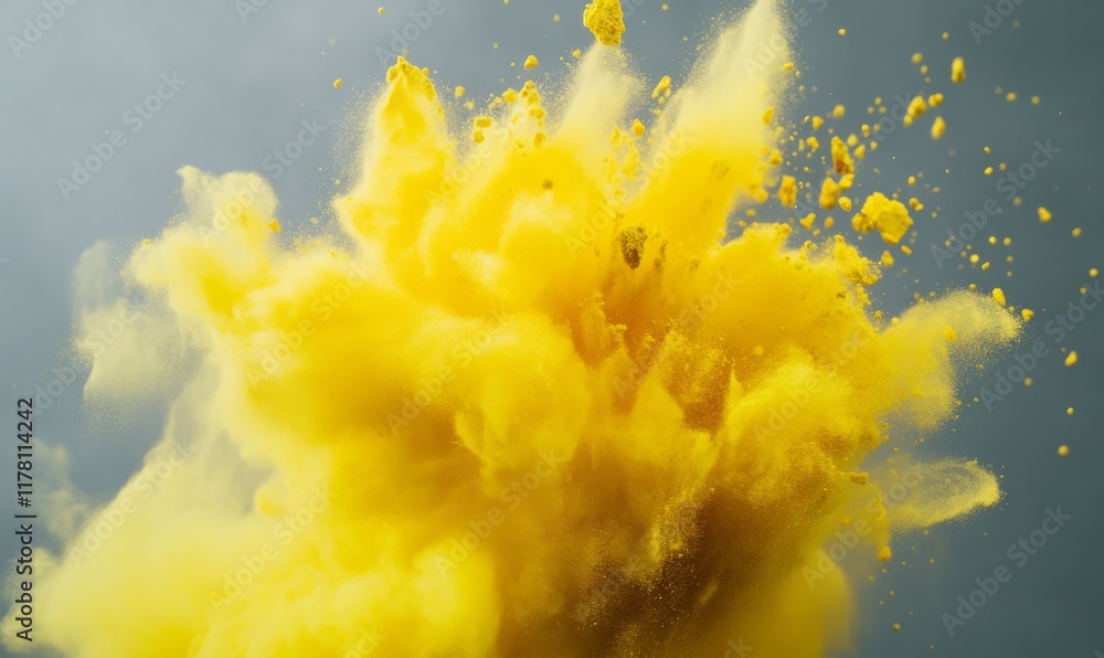 Poster a burst of yellow powder against a gray backdrop, creating a vibrant and dynamic visual effect.