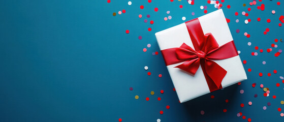 Obraz premium White gift box with red ribbon bow on blue background with confetti. Christmas present, valentine day surprise, birthday concept. Flat lay, top view. 