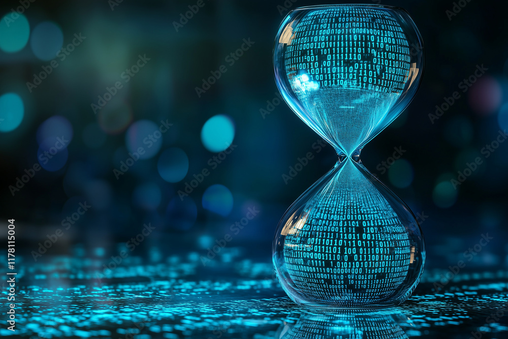 Poster a futuristic hourglass with binary code as the sand