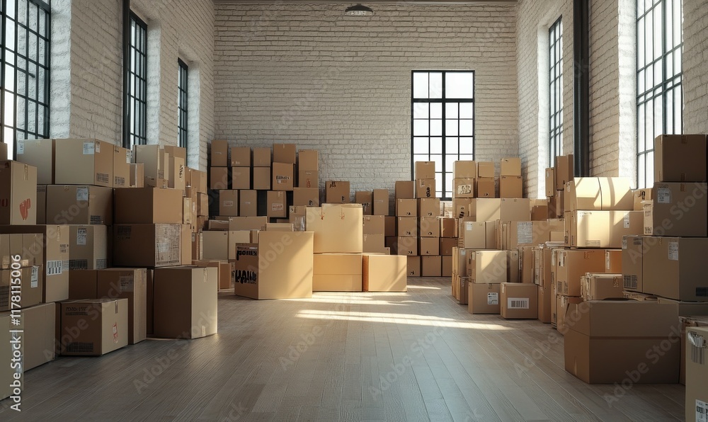 Poster a room filled with stacked boxes, indicating a busy shipping and receiving operation.