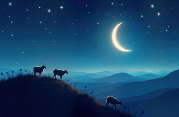 Fototapeta premium Silhouette of sheep on hill at night under crescent moon. Stunning landscape shows mountains with soft blue tones. Peaceful, holy scene for Eid al Adha. Perfect for Islamic festival posters, social