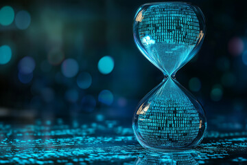 a futuristic hourglass with binary code as the sand