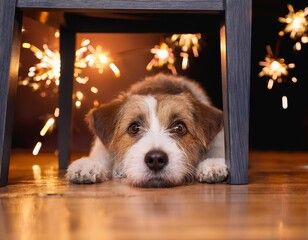 a scared dog hiding under a table during a festive fireworks