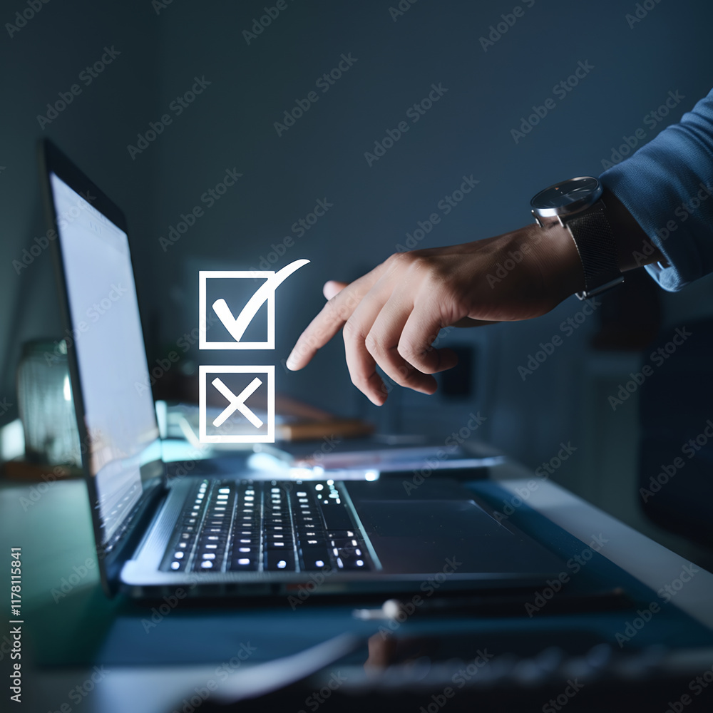 Poster A Business User Analyzing Options on a Laptop with Check Marks for Decision Making