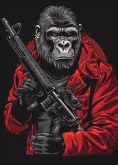 Obraz premium A gorilla cartoon character holding a gun t-shirt design