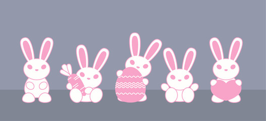 Set of cute pink and white bunnies in a minimalist style, some holding a carrot, an egg and a heart, against a gray background