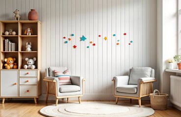 Playroom interior design with Scandinavian style. Wooden cabinets, armchairs stylishly arranged. Colorful toys, plush scattered around. White wooden wall with decorations. Indoor space. Kids room