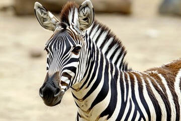 Naklejka premium Close-up shot of a zebra standing on a dirt field, perfect for wildlife or nature themed projects