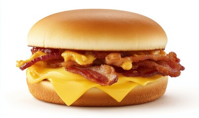 A delicious hearty breakfast sandwich with bacon, egg and cheese on a toasted bun.