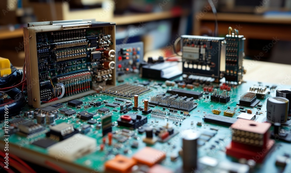 Poster assorted electronics and supplies used for various hobbyist pursuits, including circuitry, electroni