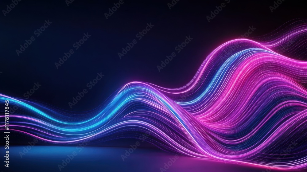 Poster colorful flowing waves of light in shades of pink and blue on a dark background creating a dynamic a