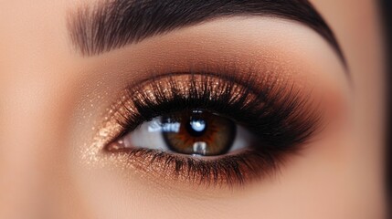 Fototapeta premium A close-up shot focusing on a pair of lush, thick eyelashes, with a focus on their natural elegance and the soft glow of the surrounding makeup.