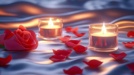 Happy Valentine's Day background Hearts Decorative Romantic Romantic candles and rose petals on water.