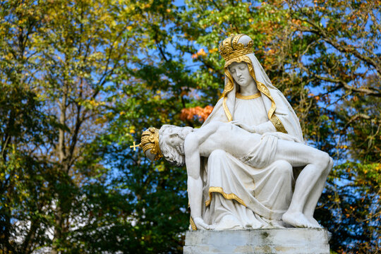 Our Lady of Sorrows. A statue in a park in front of the Basilica of Our Lady of Sorrows (the National Shrine) in &Scaron;a&scaron;t&iacute;n-Str&aacute;že, Slovakia.