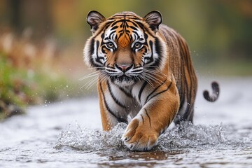 Obraz premium A tiger runs through calm water, its fur glistening with wetness