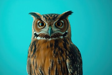 Obraz premium Close-up image of an owl sitting on a blue background, great for wildlife or nature-themed designs