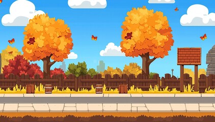 Pixel art autumn park scene with fence, path, trees, and city background for game asset.