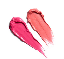Feminine Lipstick Swatches, two creamy pink lipstick smears in bold and pastel shades, displayed on a white background, showcasing smooth textures, perfect for makeup ads, beauty branding