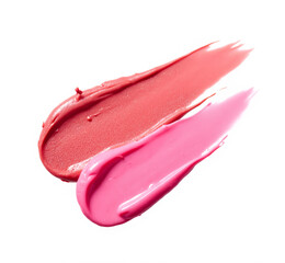 Fototapeta premium Feminine Lipstick Swatches, two creamy pink lipstick smears in bold and pastel shades, displayed on a white background, showcasing smooth textures, perfect for makeup ads, beauty branding