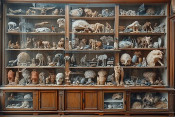 Showcase of Diverse Animal Taxidermy and Skeletal Displays in a Wooden Cabinet at a Natural History Museum for Educational Purposes