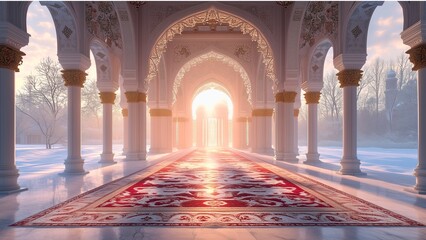 Obraz premium interior of the mosque with carpet and snowy landscape backdrop