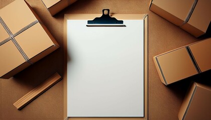 a white blank form on a background of brown packing boxes the concept of packaging delivery and online sales copy space with generative ai