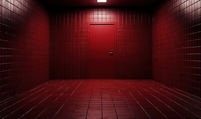 Red tiled room with closed door, dimly lit, claustrophobic, mystery concept.