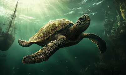 Obraz premium A sea turtle gliding in the water