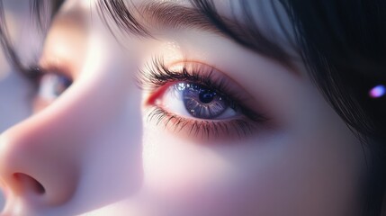 A close-up shot focusing on a pair of lush, thick eyelashes, with a focus on their natural elegance and the soft glow of the surrounding makeup.