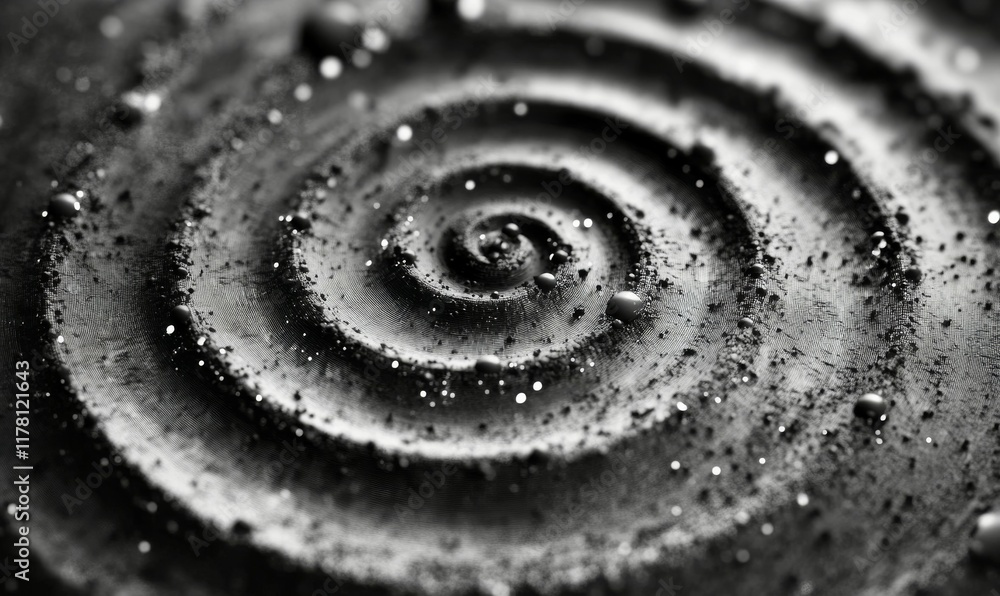 Poster black and white image of a spiral with many small dots. the image has a futuristic and abstract feel