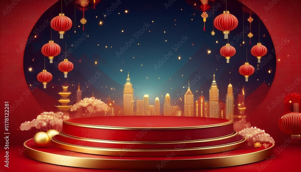 Poster the background is red and gold with a city night view in the distance a red circular platform with g