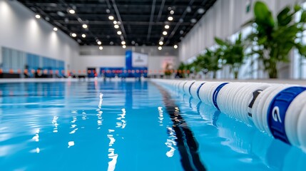Obraz premium Indoor swimming pool with lane lines, clear blue water, and modern architecture.