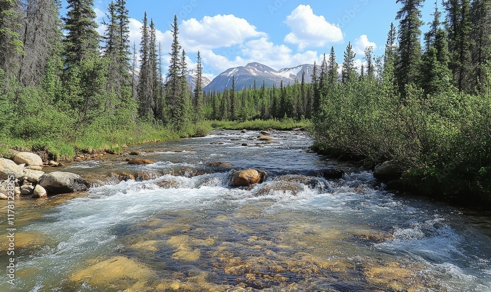 Poster a natural river scene showing a fast-flowing stream with many rocks visible in the water.