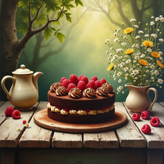 A rustic chocolate birthday cake  placed on a weathered wooden table.
