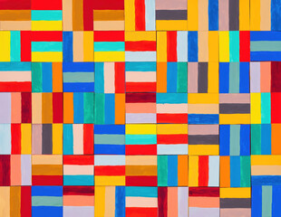 A painted collage; a grid of random squares