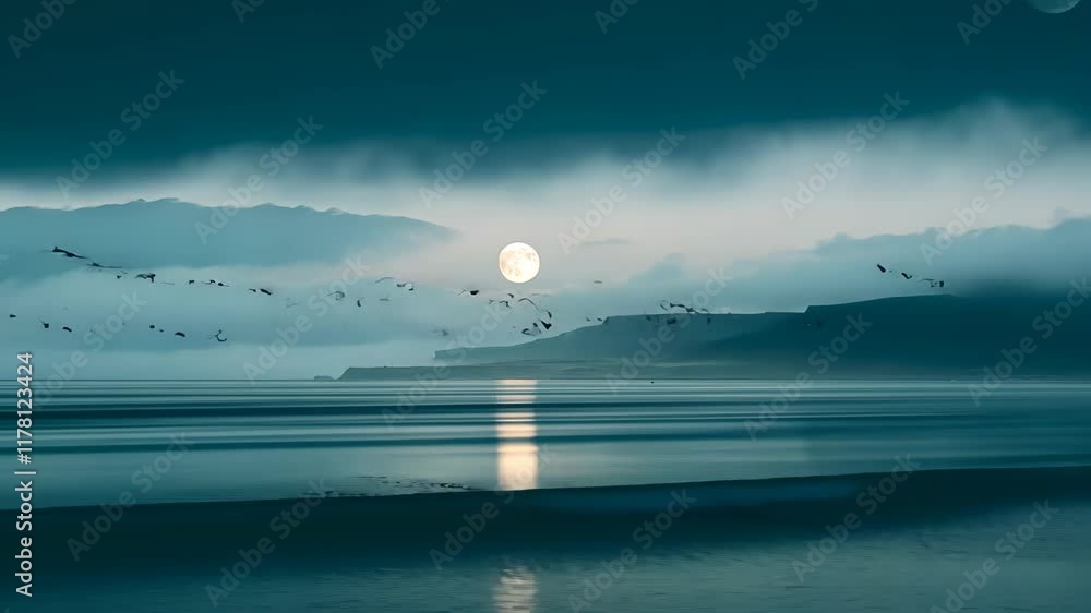 Poster full moon shines through hazy clouds reflecting on calm ocean water at twilight, full moon through h