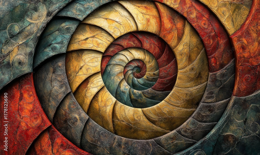 Poster abstract circular pattern with swirling designs, featuring a textured and detailed surface. modern d