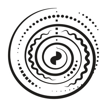 Abstract halftone circle, clockwise spiral, stylized round shape, Trypillian culture symbol, vector black line sign, outline monochrome illustration