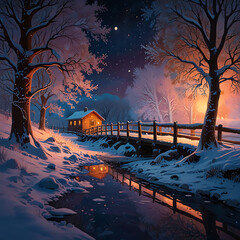 A village winter morning with icy river flowing beneath and frost-covered trees lining the banks.