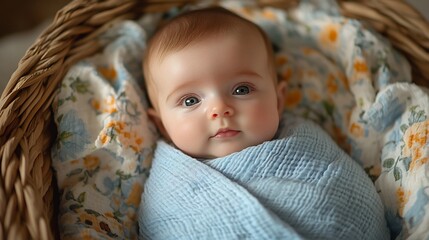 Adorable Baby Wrapped In Blue Blanket Basket