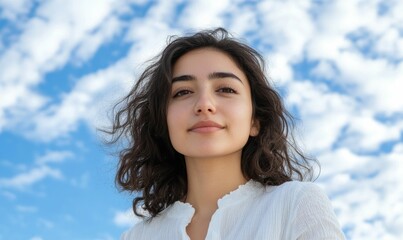 young girl blue sky with white cloud background