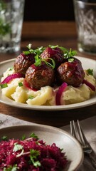 Juicy Meatballs with Creamy Mashed Potatoes and Vibrant Beet Salad