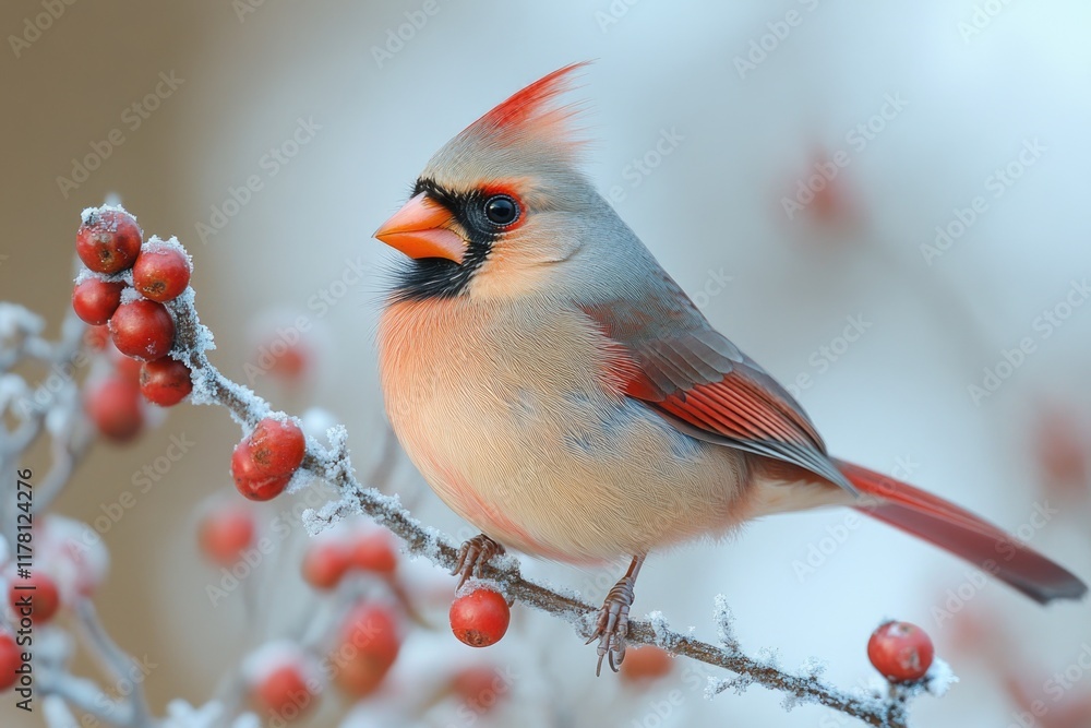 Poster a close-up shot of a red and gray bird sitting on the top of a tree branch, looking out at something