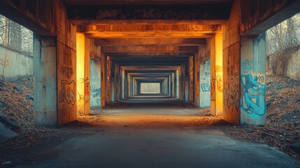 Obraz premium An Intricate View Through an Abandoned Urban Tunnel Illuminated by Ethereal Orange Light and Adorned with Colorful Graffiti Creating a Striking Contrast of Wilderness and Human Influence