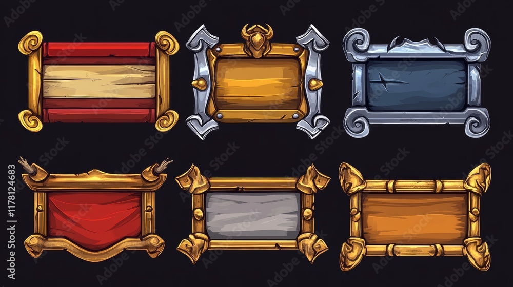 Poster medieval game menu frames, ui elements, buttons, gold, silver and red banners with ornate rims. empt